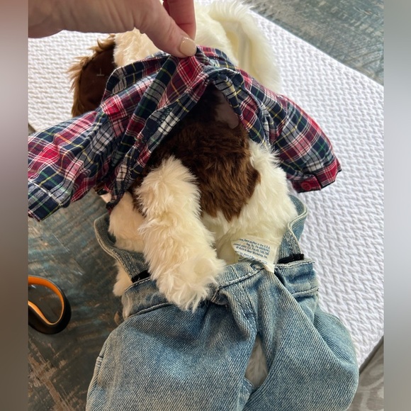 Build-A-Bear Dog Brown White Denim Overalls Plaid Shirt Ears Bend Made in USA - Picture 7 of 13